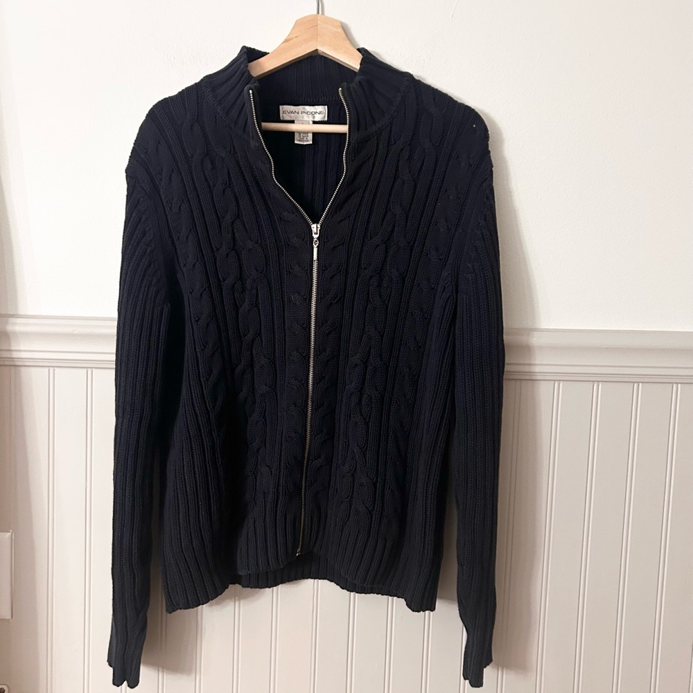 Evan Picone Men’s Large Black Cable Knit Zip-Up Sweater